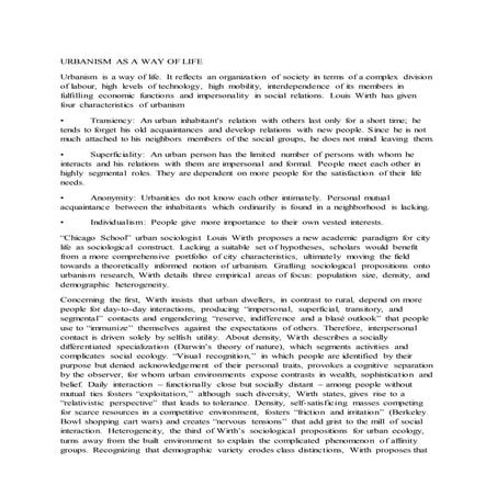 URBANISM AS A WAY OF LIFE