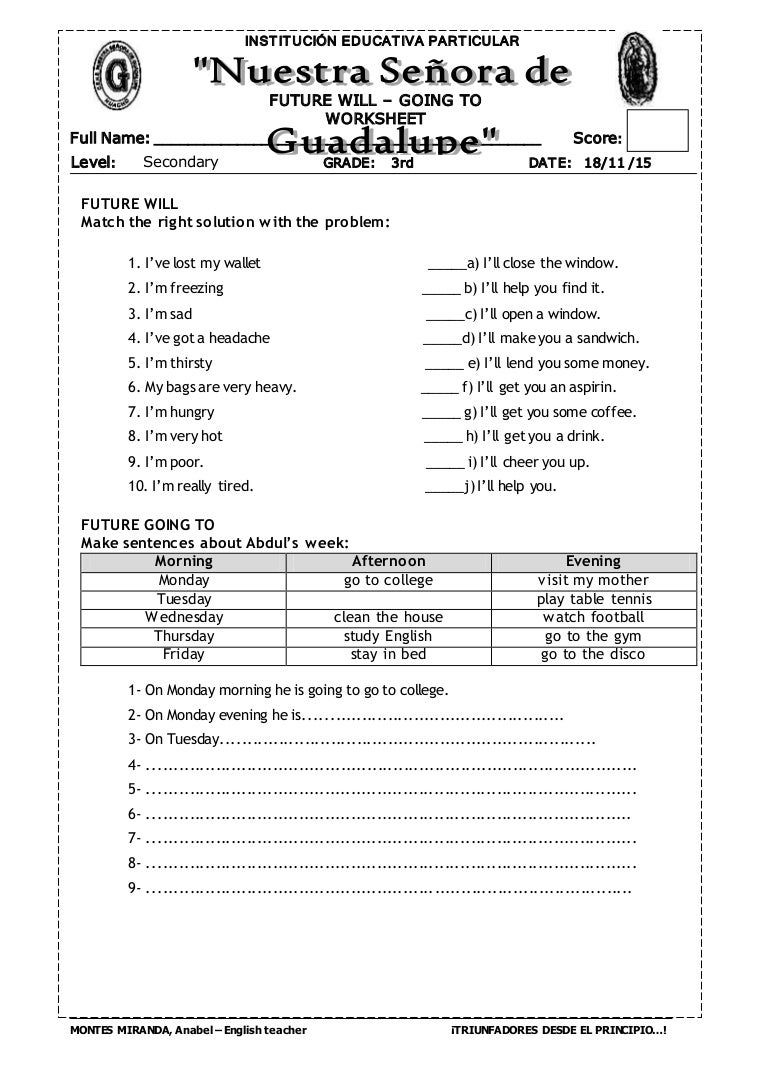 3ero Will Vs Going To Worksheet