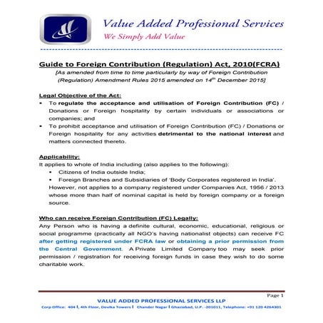 Guide to Foreign Contribution (Regulation) Act, 2010(FCRA) - Amended ...