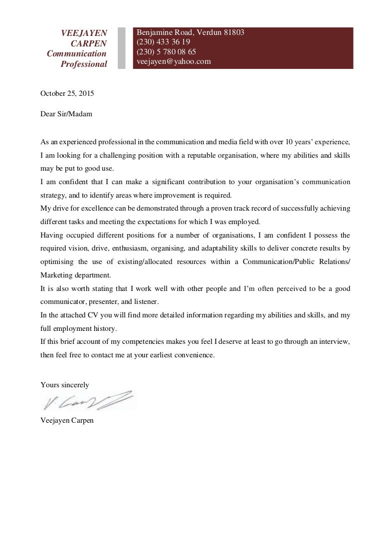 Veejayen Cover Letter & CV 25 10 2015