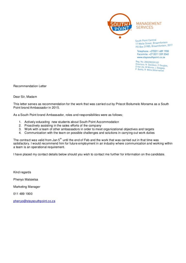 ambassador recommendation letter from
