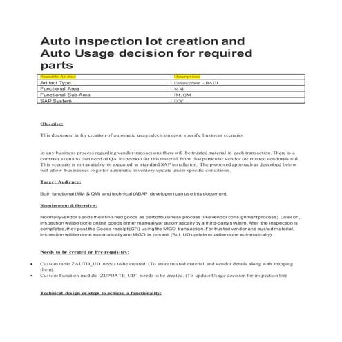 Auto inspection lot creation and Auto Usage decision for required parts