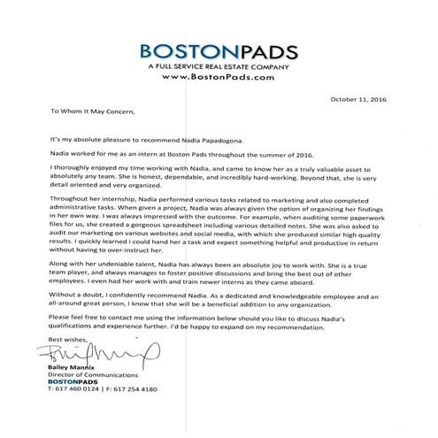 Recommendation Letter for Nadia | PDF