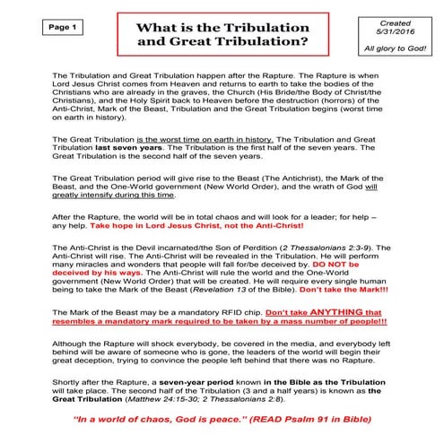 What is the Tribulation and Great Tribulation PRINTOUT