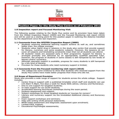 Position Paper for the Study Plus Centre as of February 2011