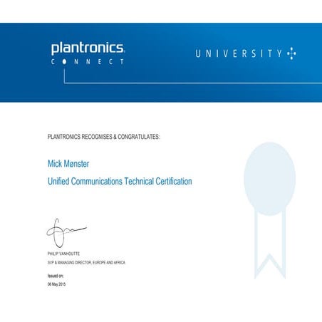 Plantronics University UC Techical Certification certificate_16209