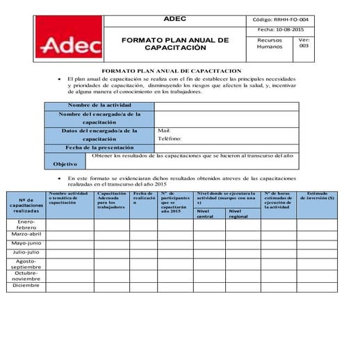 formato plan anual de capacitacion | DOCX