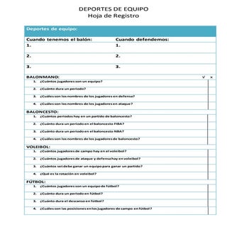 Hoja de Registro deportes de equipo