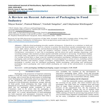 A Review on Recent Advances of Packaging in Food Industry