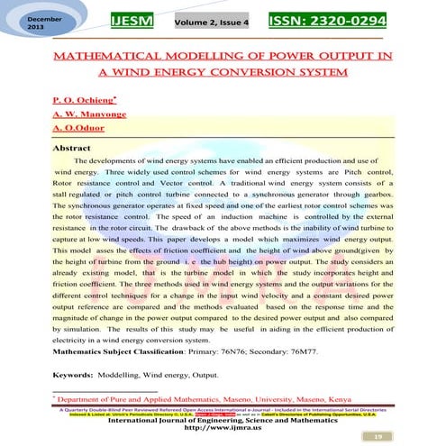 MATHEMATICAL MODELLING OF POWER OUTPUT IN A WIND ENERGY CONVERSION SYSTEM