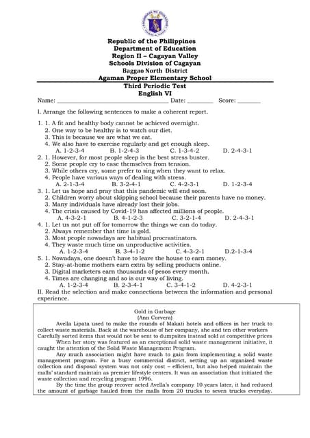 3rd quarter test english 5 | PDF