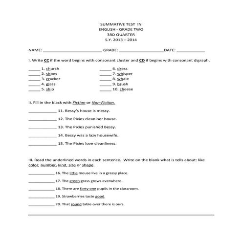 K to 12 ENGLISH Grade 2 (3rd Quarter Summative Test)
