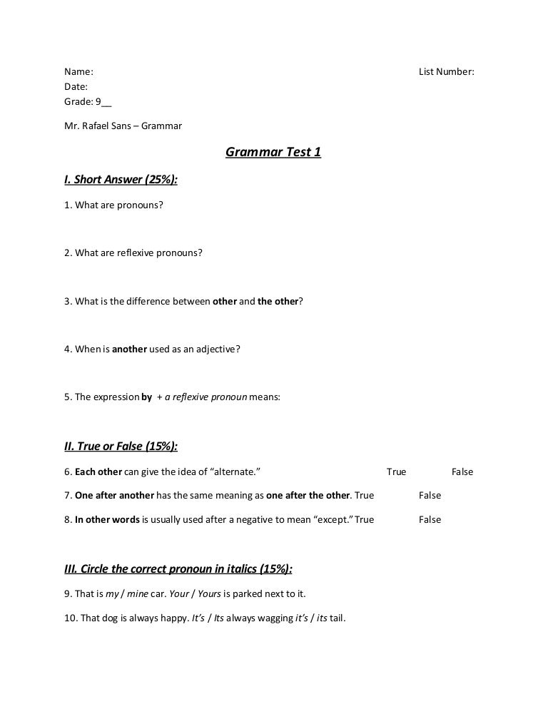 [9th Grade] 3rd Period Test # 1