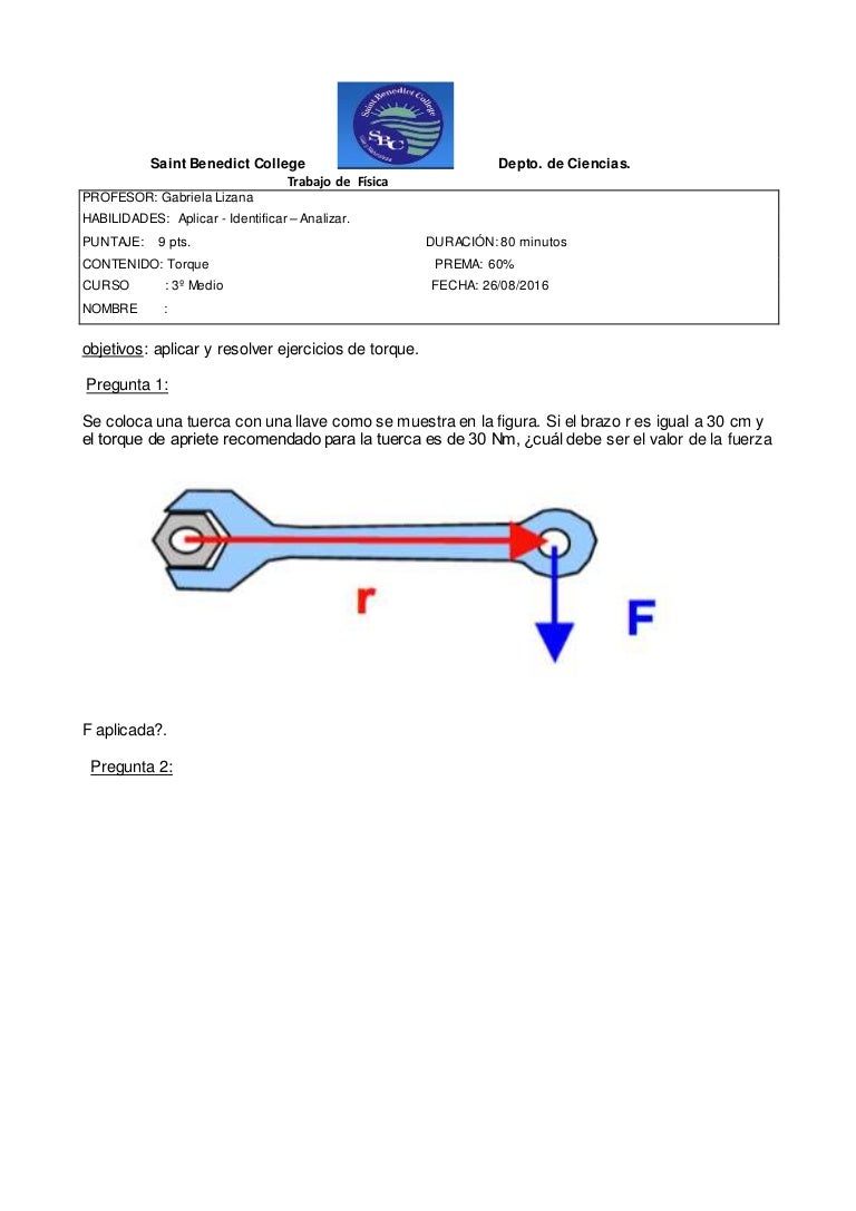 3ro medio segunda prueba de fisica torque