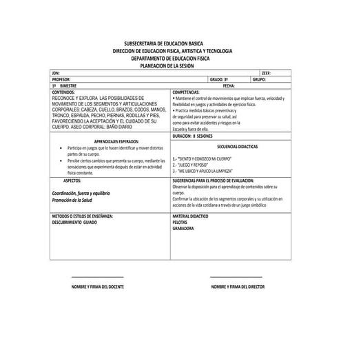 PLANES DE CLASE PREESCOLAR EDUCACIÓN FÍSICA 3ER. GRADO