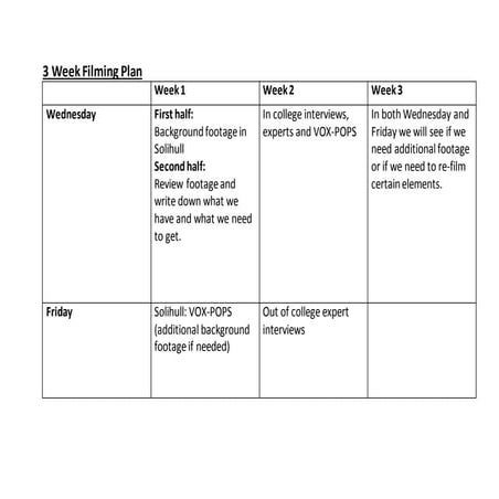 3 week filming plan