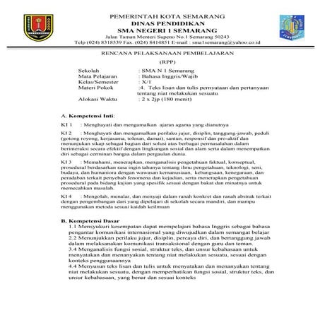 RPP BAHASA INGGRIS MENYATAKAN NIATI KELAS X KURIKULUM 2013