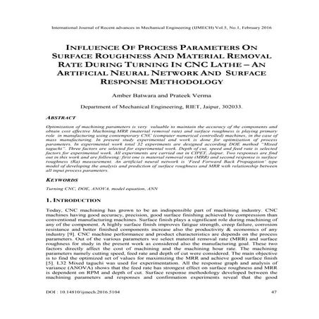 INFLUENCE OF PROCESS PARAMETERS ON SURFACE ROUGHNESS AND MATERIAL REMOVAL RAT...
