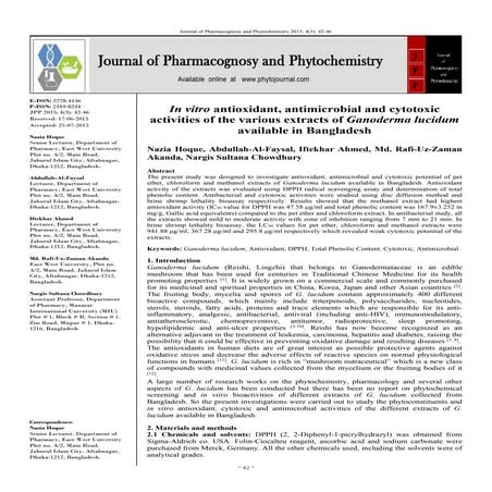 In vitro antioxidant, antimicrobial and cytotoxic activities of the various e...
