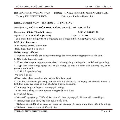 Đề tài: Thiết kế quy trình công nghệ gia công chi tiết: Càng Gạt Trục Thẳng