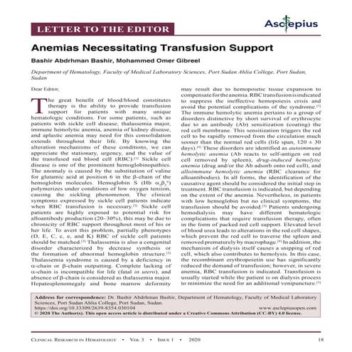 Anemias Necessitating Transfusion Support