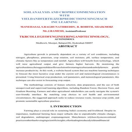SOILANALYSIS AND CROPRECOMMENDATION WITH YIELDANDFERTILIZERPREDICTIONUSINGMACHINE LEARNING