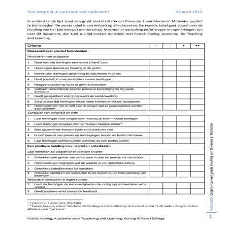 Workshop Positief Leerklimaat - 3.2 Criteria voor een goede invulling van dim...