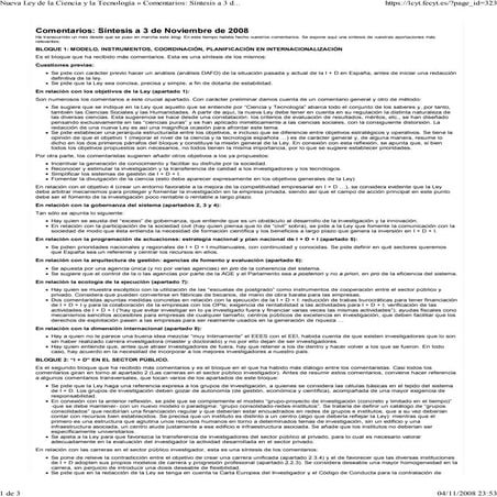 Síntesis a 3 de noviembre de 2008 -debate nueva ley de la ciencia y la tecnol...