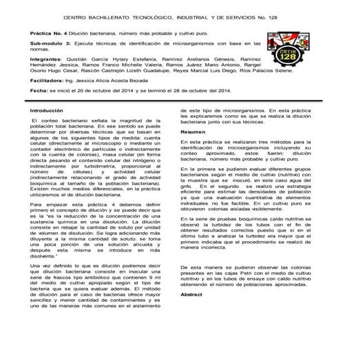 #4 dilución bacteriana, nmp, cultivo puro
