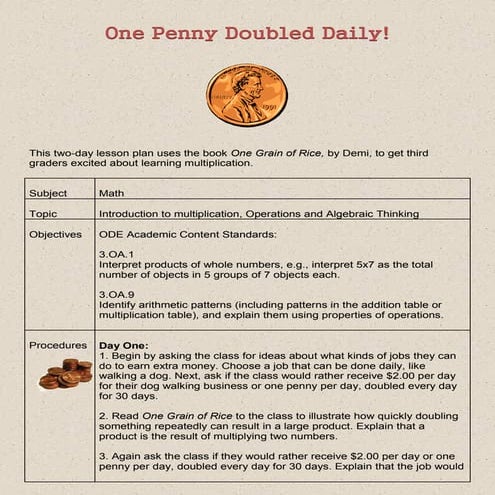 one penny doubled daily, multiplication lesson plan