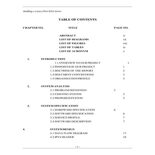 Table Of Contents for Building Linux IPV6 DNS Server