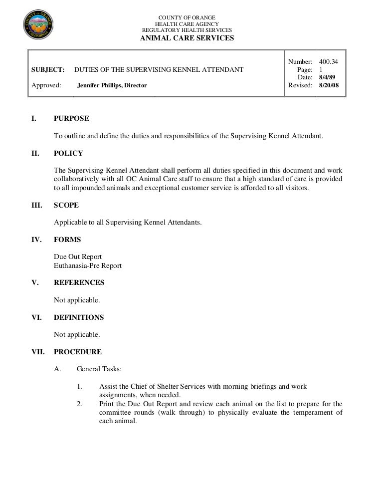 400.34 duties of the supervising kennel attendant
