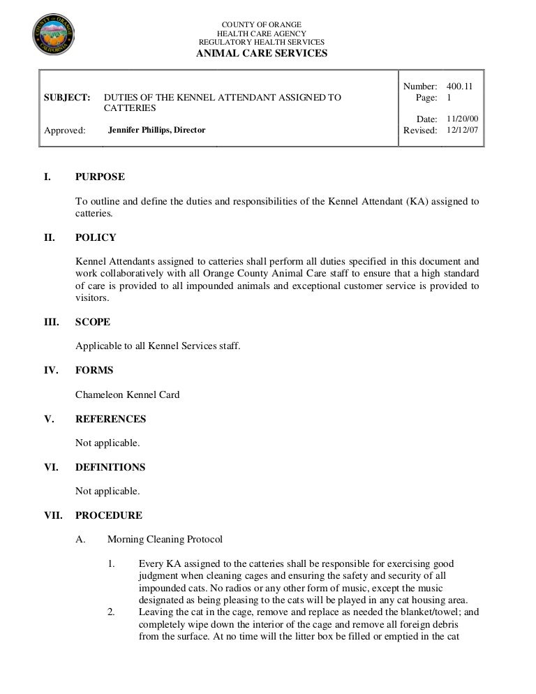 400.11 duties of the kennel attendant assigned to catteries