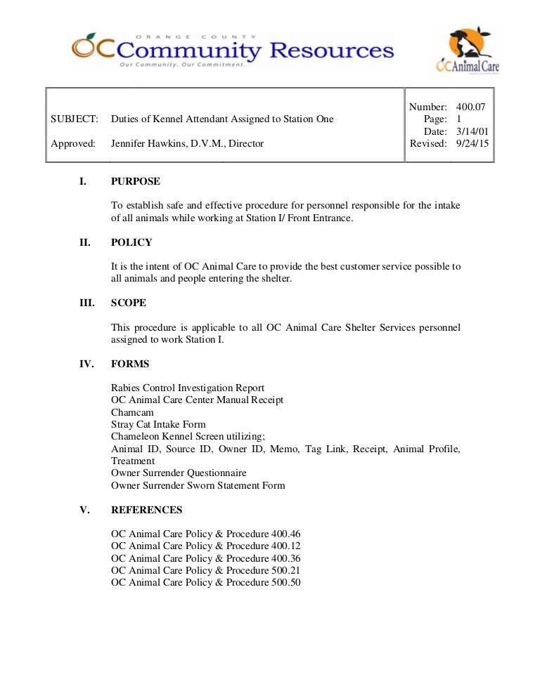 400.07 duties of kennel attendant assigned to station one
