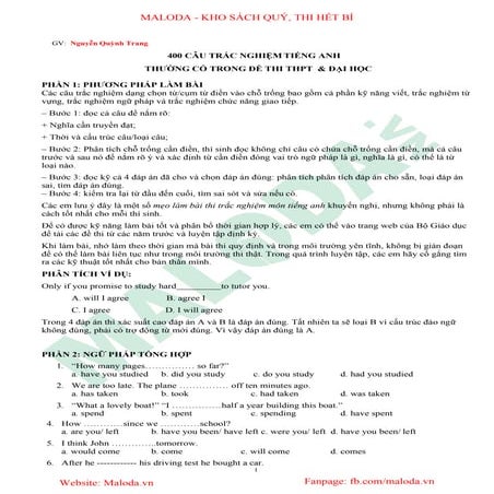 400 Câu trắc nghiệm tiếng Anh thường có trong đề thi THPT và Đại học