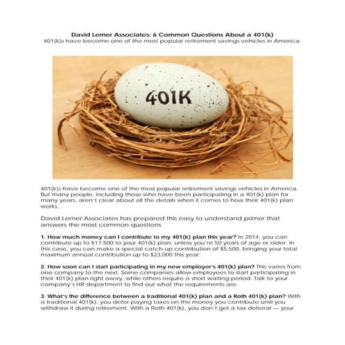 David Lerner Associates: 401k Primer
