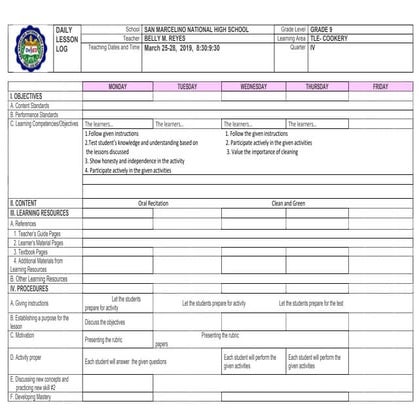 Senior High School Daily Lesson Log in Cookery-12