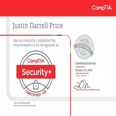 CompTIA Security+ ce certificate