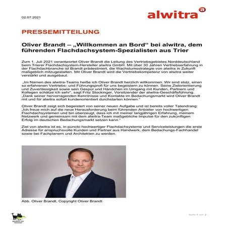 Oliver Brandt verantwortet Vertriebsgebiet Nord bei alwitra