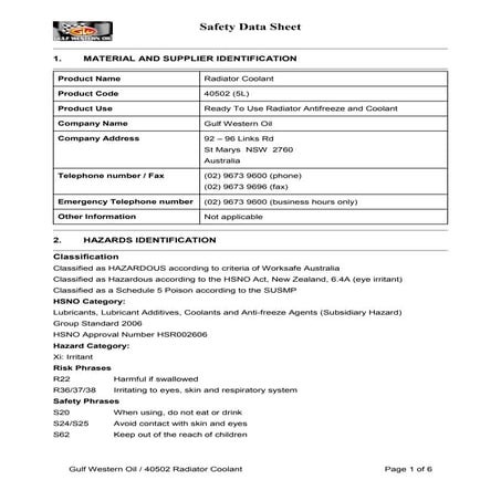 Gulf Radiator Coolant Material Safety Data Sheet | PDF