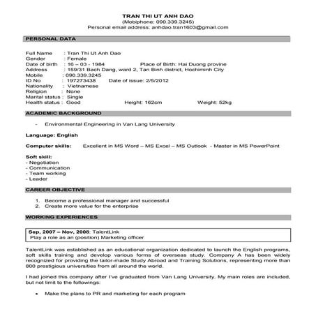 CV - TRAN THI UT ANH DAO