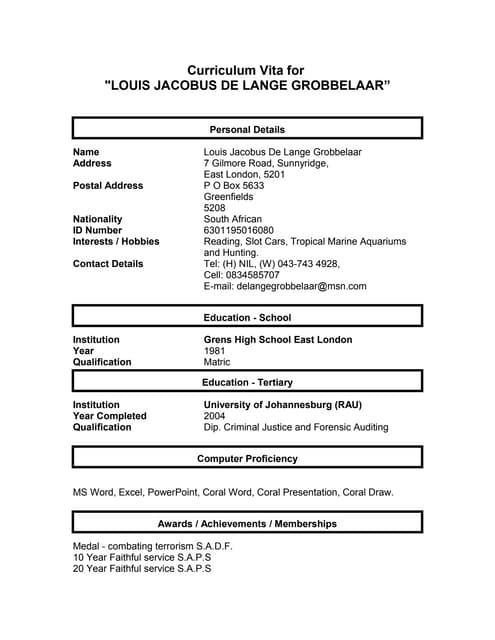 CURRICULUM VITAE. afrikaans docx | PDF