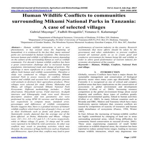 Human Wildlife Conflicts to communities surrounding Mikumi National Parks in ...