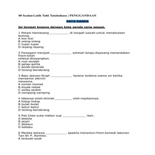 40 soalan latih tubi tatabahasa kata ganda