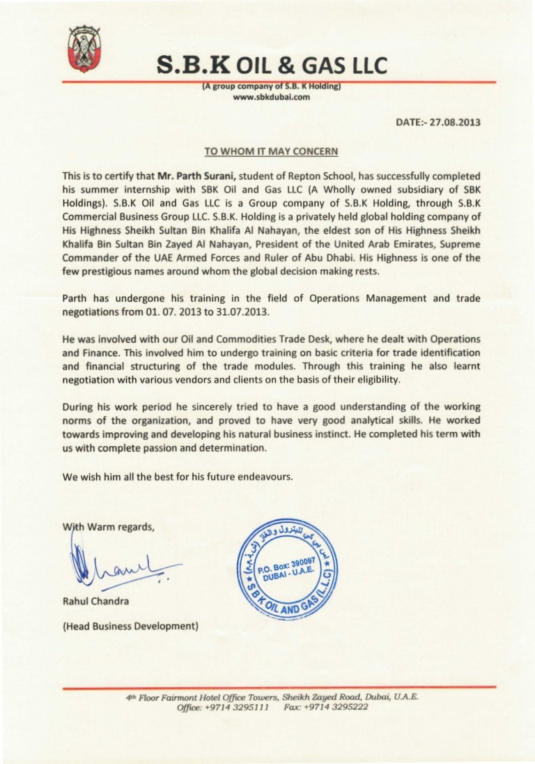 SKB Oil & Gas LLc Letter