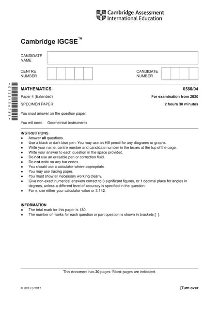 Cambridge IGCSE 0580 Mathematics specimen paper 2 for examination from ...