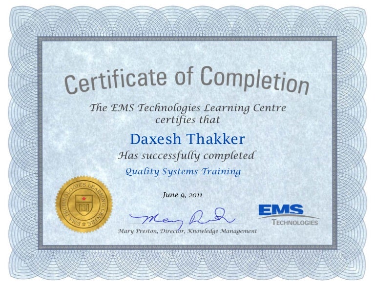 Quality Systems Training certificate