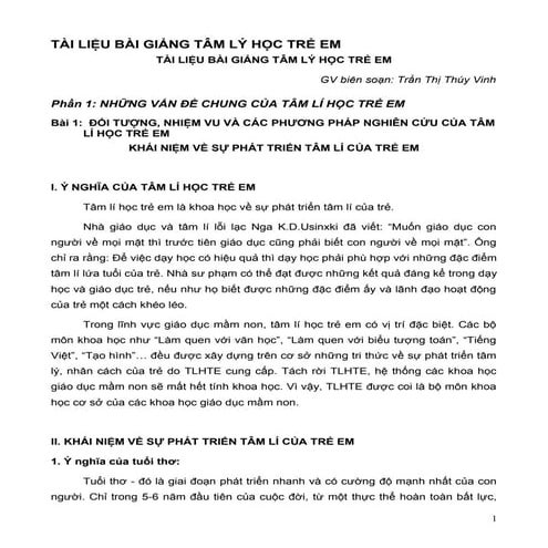 TÀI LIỆU BÀI GIẢNG TÂM LÝ HỌC TRẺ EM 