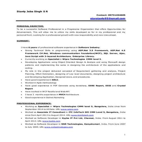 Stanly_Bangalore_6_YearsExp_Dotnet -Wipro