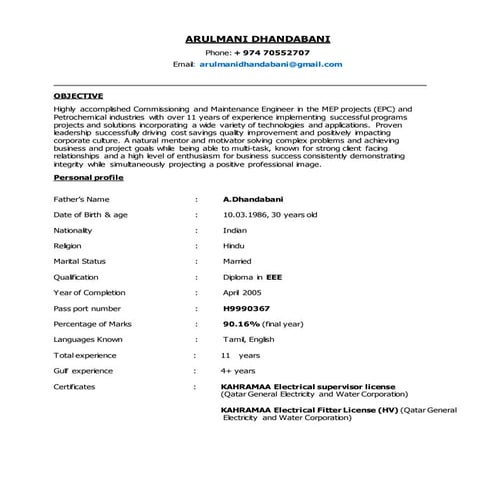 RESUME_ ARULMANI-ELECTRICAL COMMISSIONING ENGINEER (1)